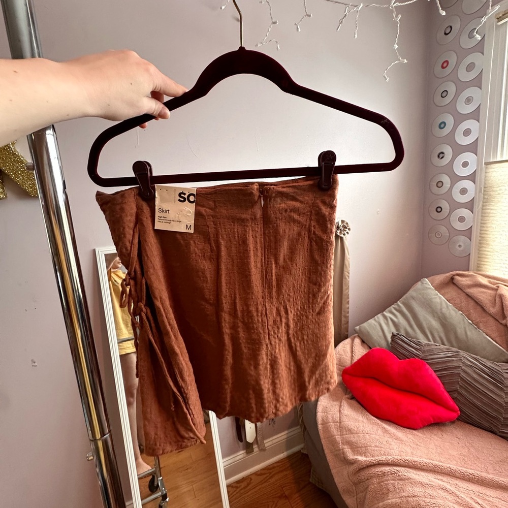 SO Brown Mini Pencil Skirt with Ruched Tie Front for Casual